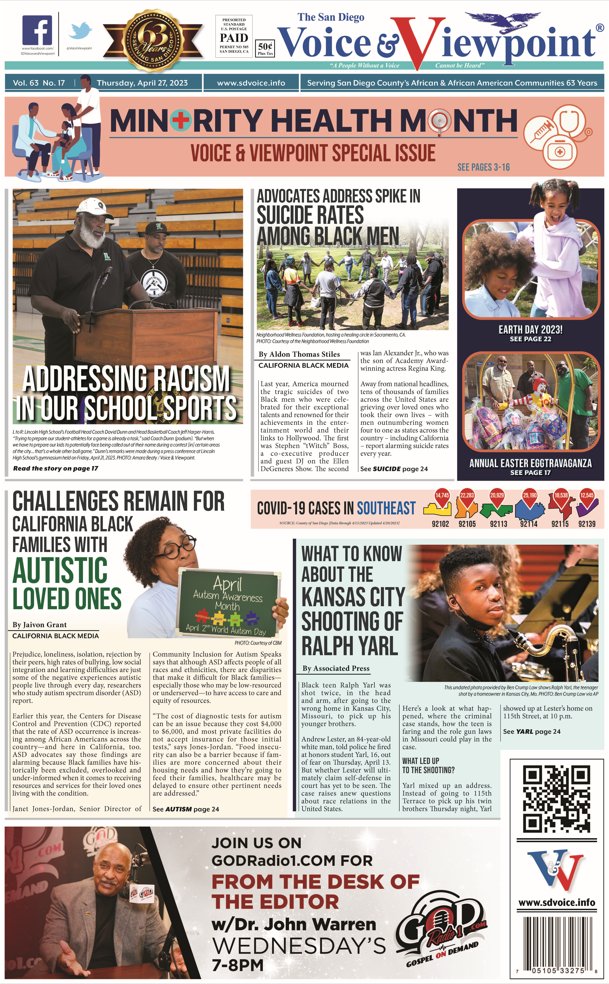 HOT OFF THE PRESS! 4/27 MINORITY HEALTH SPECIAL EDITION Now Available in Print & Digitally

Read free online at: ow.ly/BuJr50NYs5Y

#VoiceAndViewpoint #BlackNews #SanDiego #BlackMedia #MinorityHealthMonth #AB1327 #RalphYarl