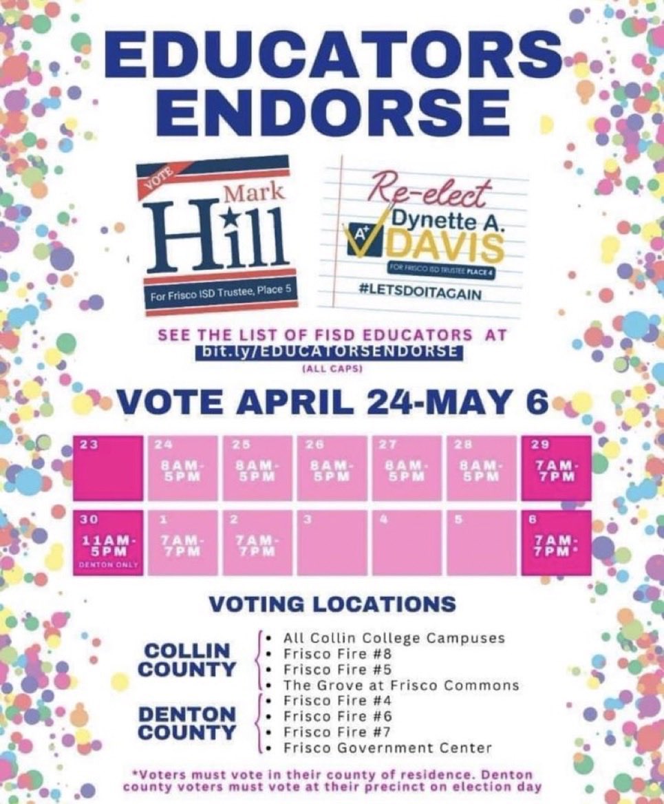 James Flaskamp, M.A. (@geniallyjames) on Twitter photo This <a href="/friscoisd/">Frisco ISD</a> educator and parent joined my colleagues in voting for the two Board candidates who haven’t been bought by PACs, don’t spread fear & misinformation, and are focused on what’s best for our kids and not a political party. <a href="/Dynette4FISD/">DynetteADavis4FISD</a> <a href="/markhillfisd/">MarkHillFISD</a> #FISDmadetoshine This <a href="/friscoisd/">Frisco ISD</a> educator and parent joined my colleagues in voting for the two Board candidates who haven’t been bought by PACs, don’t spread fear & misinformation, and are focused on what’s best for our kids and not a political party. <a href="/Dynette4FISD/">DynetteADavis4FISD</a> <a href="/markhillfisd/">MarkHillFISD</a> #FISDmadetoshine