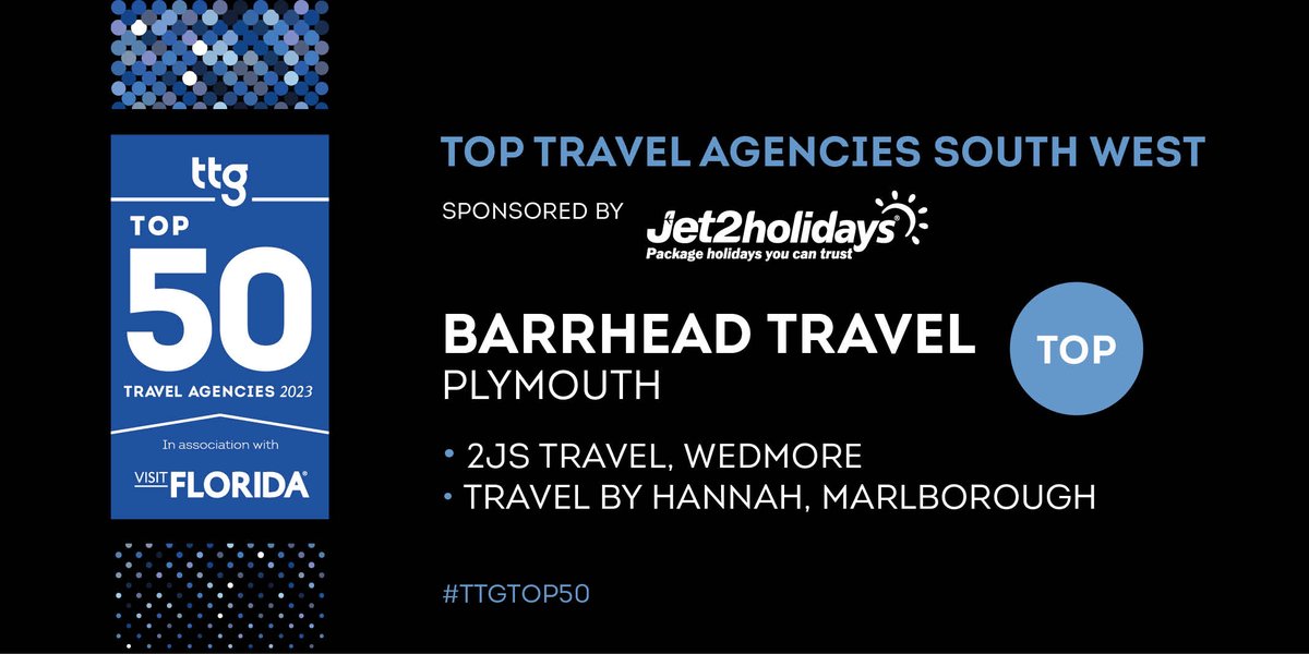TTGMedia's tweet photo. Our penultimate regional award is for South West's Top Agency 2033, sponsored by @jet2holidays.

The 2023 TOP agency here is @BarrheadTravel, Plymouth – well done you! 🎊

Also placing in the #TTGTop50, congratulations to @2jstravel, Wedmore and @TravelByHannah, Marlborough! 💫 https://t.co/klDhBHFTAq