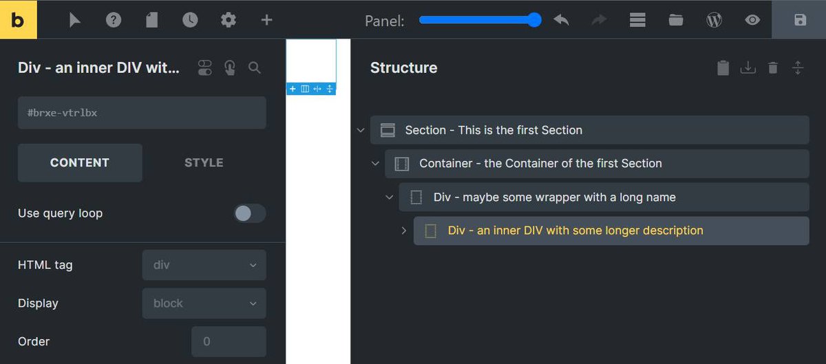 alex_mastny's tweet image. Update of my extension for the #bricksBUILDER for #wordpress.

lnkd.in/g2abv6Jp

Description: Normally, the width of the right panel in bricks cannot be changed. With my slider, the size of the panel can now be adjusted and long names are also possible.
