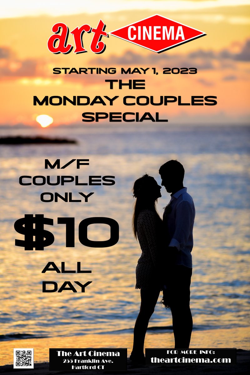 Our new Monday M/F Couples Special, starting May 1st, 2023!

More info at:
theartcinema.com