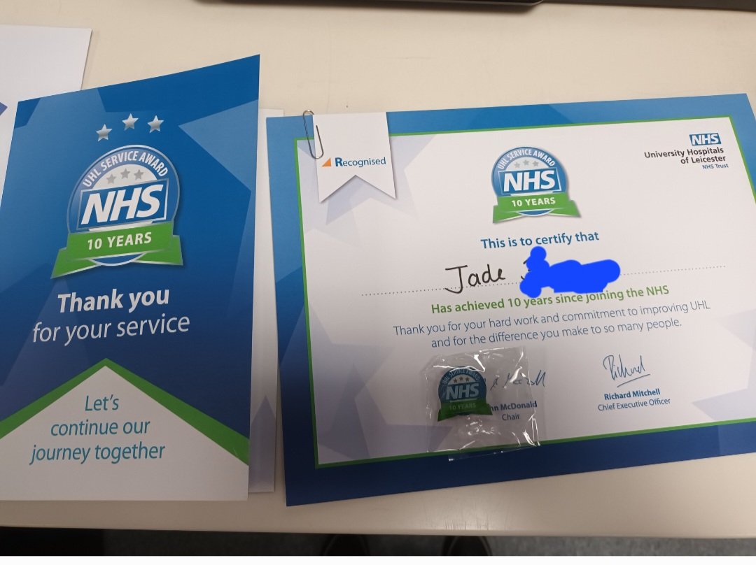Jadey2593's tweet photo. #10yearsservice #nhs https://t.co/maRKJL5no9