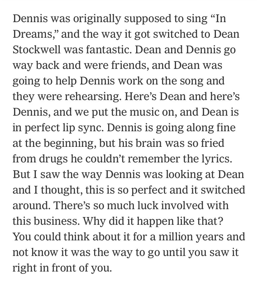 ecto_fun's tweet photo. lynch’s description of how the ‘in dreams’ scene from blue velvet actually happened makes it so beautiful. dean stockwell was brilliant https://t.co/1OaG8kMg1S