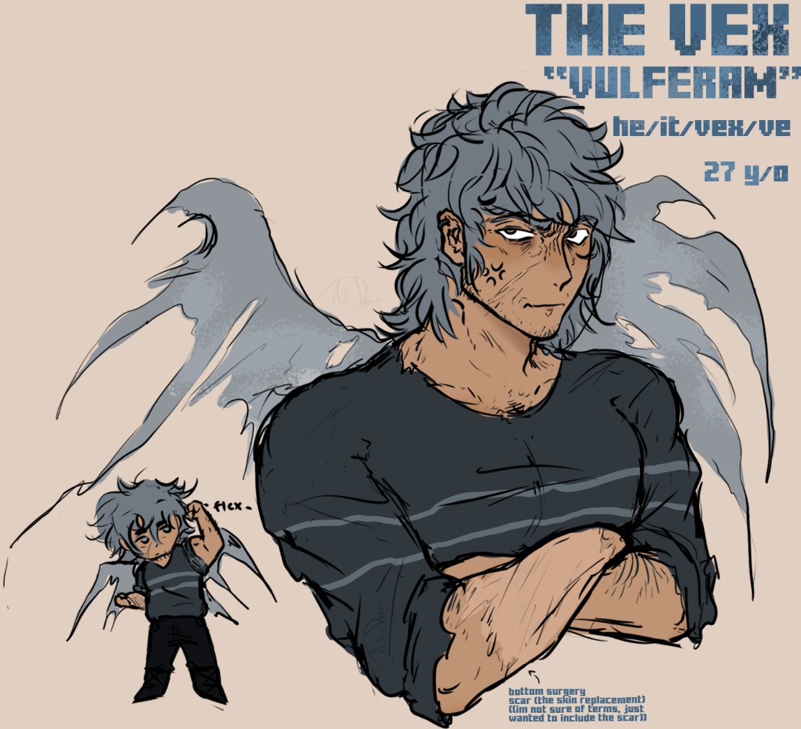 Back to the Minecraft designs! Here's the Vex, which I did a more detailed drawing for. It is trans (ftm) and works as a body guard (he's very large and tall.. and strong!)
 
It has a hard time being social but it does its best. 
Ve love otters and spiders. :-)

#artmoots #arttwt