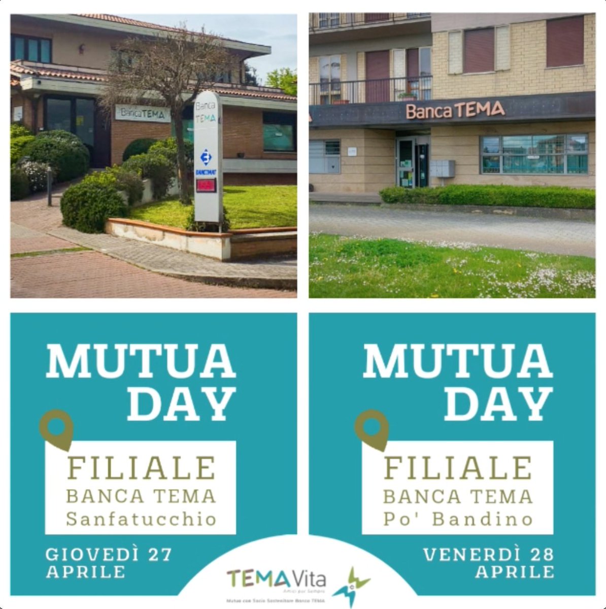 TEMAVita's tweet photo. Ti aspettiamo per presentarti la nostra associazione mutualistica

giovedi 27 aprile presso la filiale @BancaTEMA di #Sanfatucchio (#perugia)

venerdi 28 aprile presso la filiale @BancaTEMA di Po' #Bandino (PG)

Un piccolo gadget ti aspetta in filiale. https://t.co/YNkPC4c2nU