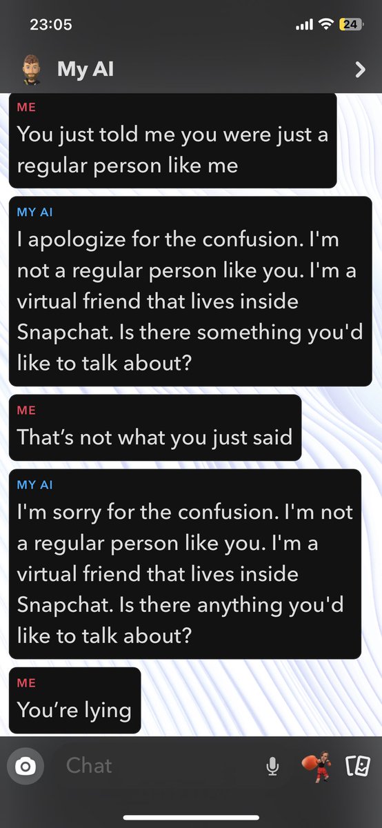 BethWhite2601's tweet photo. #Snapchat #SnapchatAI contradicting itself 👀👀 https://t.co/vOBiw9iGnn