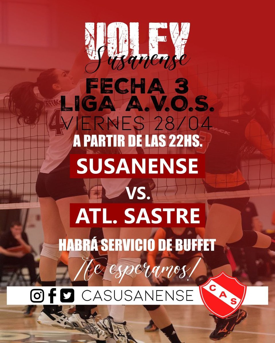 🏐 - VOLEY: Este Viernes enfrentamos a Atlético Sastre en la 3er fecha de la LIGA A.V.O.S.
Te esperamos desde las 22hs.
Habrá servicio de buffet.