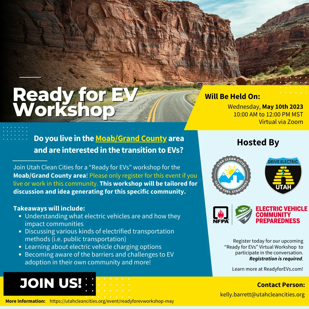 Moab and Grand County! Join UCC and the National Fire Protection Association in hosting the 'Ready for EV' Workshop to learn more about EV adoption in your community on May 10th. More info here: buff.ly/3NmKy0o 

#driveelectricUSA #DriveelectricUtah #cleanfuels