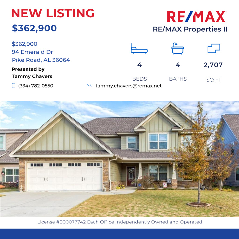 STONE PARK BEAUTY in PIKE ROAD SCHOOL DISTRICT! BRAND NEW EXTERIOR PAINT! Tons of extras including 4 bedrooms, 3 and 1/2 baths, formal dinin...

Click here for details:
remax.com/AL/PIKE-ROAD/h…