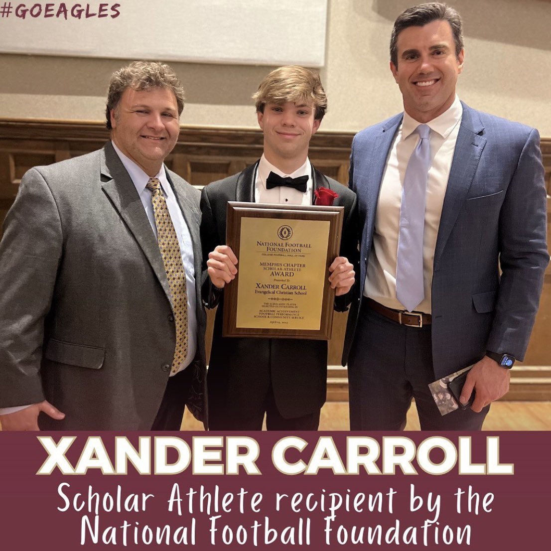 XanderCarroll's tweet photo. Thank you @NFFNetwork @NFFMemphis for the recognition and scholar athlete award. It is an honor to represent the Memphis area alongside the other recipients. Thank you @RBenTodd and Coach Nugent for attending and @ECSAthletics for an unforgettable experience! https://t.co/GiT8lYQzet