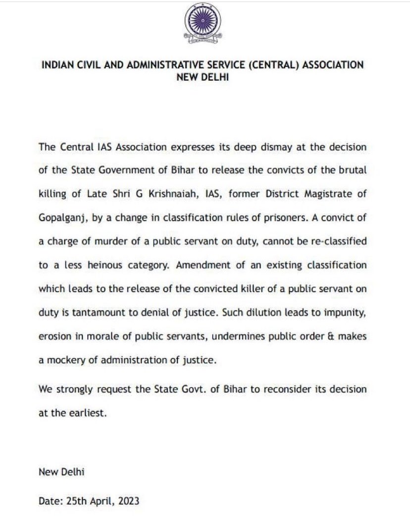 kumar_himanshu2's tweet photo. Almost every state IAS Association expresses strong objection to the decision of Bihar Govt to amend prison manual to facilitate early release of the convicted killers of Late Shri G. Krishnaiah, IAS. https://t.co/2hqdXH3Vzv