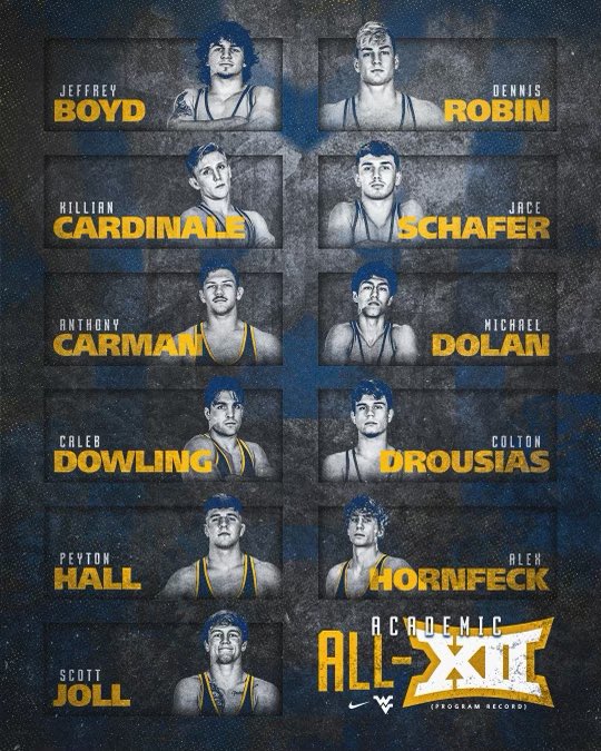 WVUWrestling's tweet photo. A program record 11 wrestlers earned academic All-Big 12 honors! #HailWV https://t.co/iX43JiAm9N
