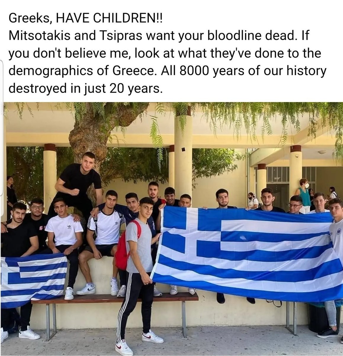 stratisxx's tweet photo. @atsipras ΕΛΛΗΝΕΣ ΠΡΕΠΕΙ ΝΑ ΚΑΝΕΤΕ ΠΑΙΔΙΑ!! Ο Μητσοτάκης και �� Τσίπρας θέλουν να βάλουν τέλος στην ελληνική κληρονομιά σας. Αν δεν με πιστεύετε, δείτε τι έχουν κάνει στα δημογραφικά στοιχεία της Ελλάδας. Τα 8000 χρόνια της ιστορίας μας καταστράφηκαν σε 20 χρόνια. https://t.co/tWghypXPpy