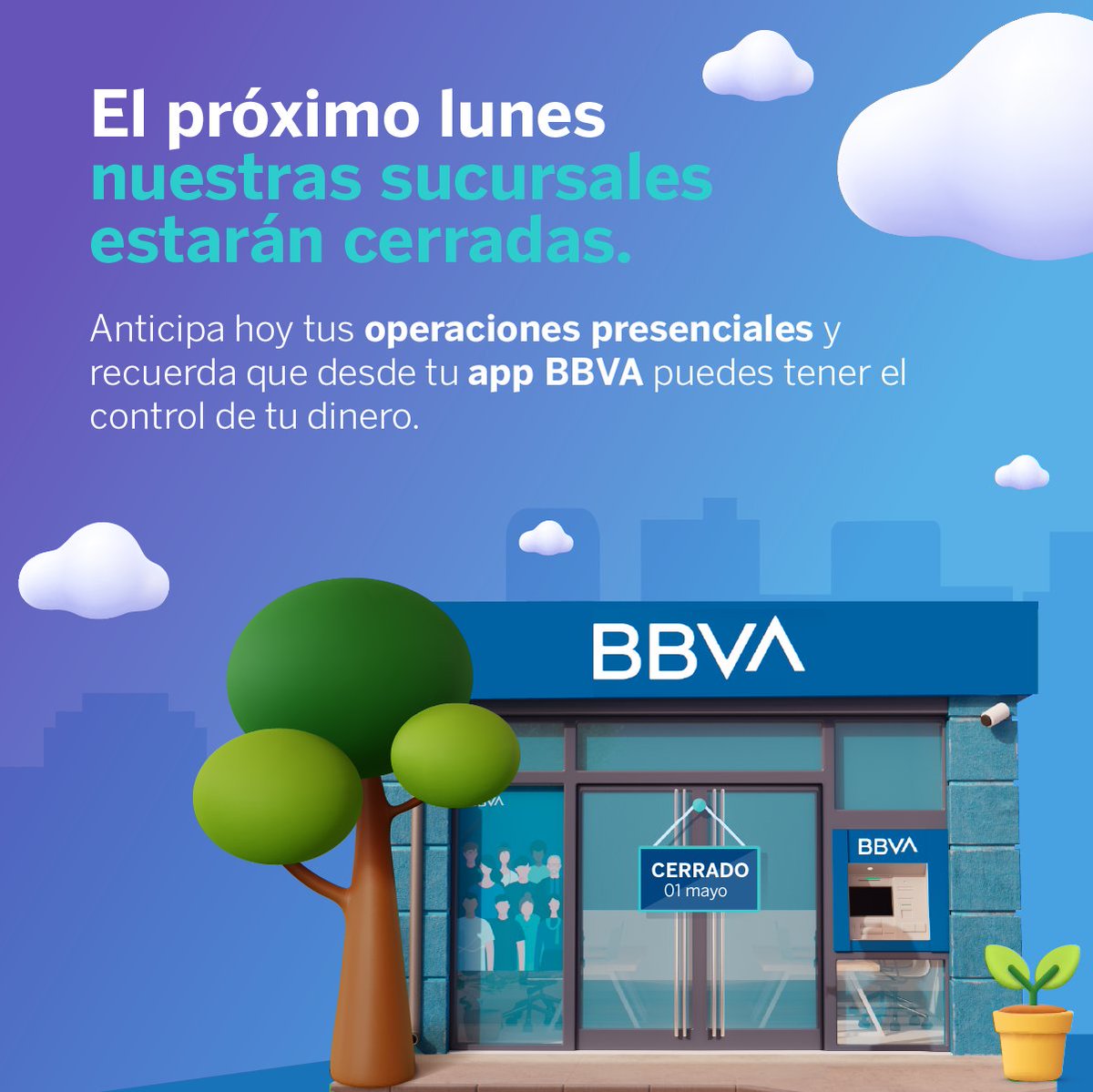 BBVA_Mex's tweet photo. Para conmemorar el Día del Trabajo, 👷‍♀️🧑‍🏭 el próximo lunes 1° de mayo cerraremos nuestras sucursales. Para cualquier operación en tus cuentas podrás usar tu #appBBVA y https://t.co/PvRl0ZaIo9 📱🏦 https://t.co/yqASw1ibV9 https://t.co/p8Z64rttcw