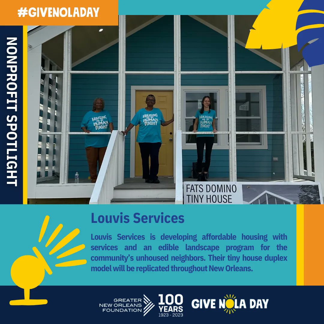 We are spotlighting <a href="/Louvishousing/">Louvis Services</a>! #GiveNOLADay donors have helped the org. build their 1st tiny house duplex in the Lower 9th Ward that will soon house 2 people experiencing homelessness. Funds raised this year will help them develop more. Visit givenola.org to give.