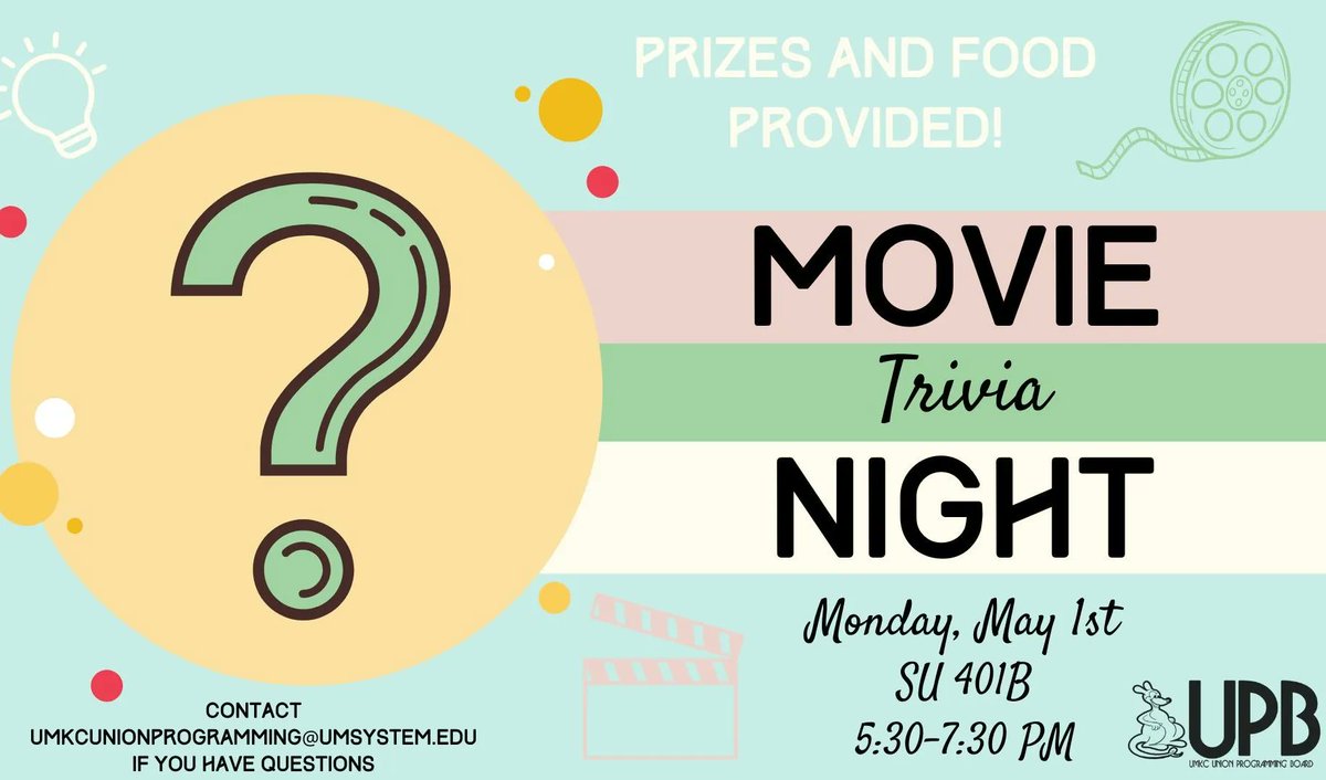 Join UPB for a fun night of Movie Trivia and some fun prizes! Come out to SU 401B from 5:30-7:30pm for a great time. Food will also be provided :)