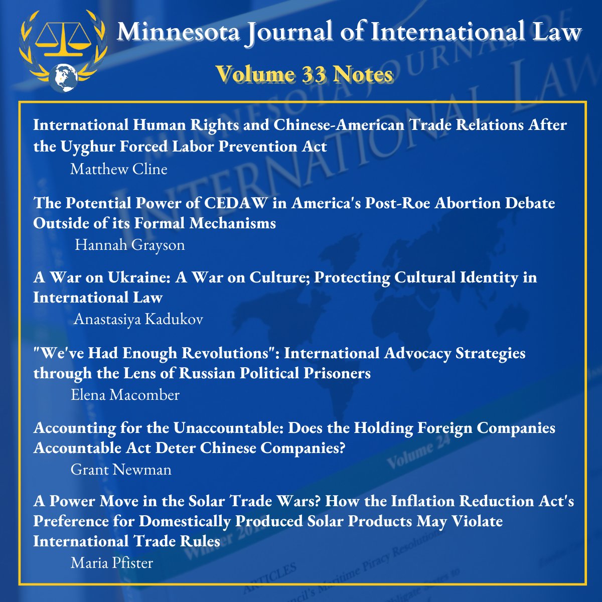 The MJIL Note Selection Committee has selected 6 notes written by our staffers for publication in Volume 33! Please join us in congratulating the selected authors- Matthew Cline, Hannah Grayson, Anastasiya Kadukov, Elena Macomber, Grant Newman, and Maria P.