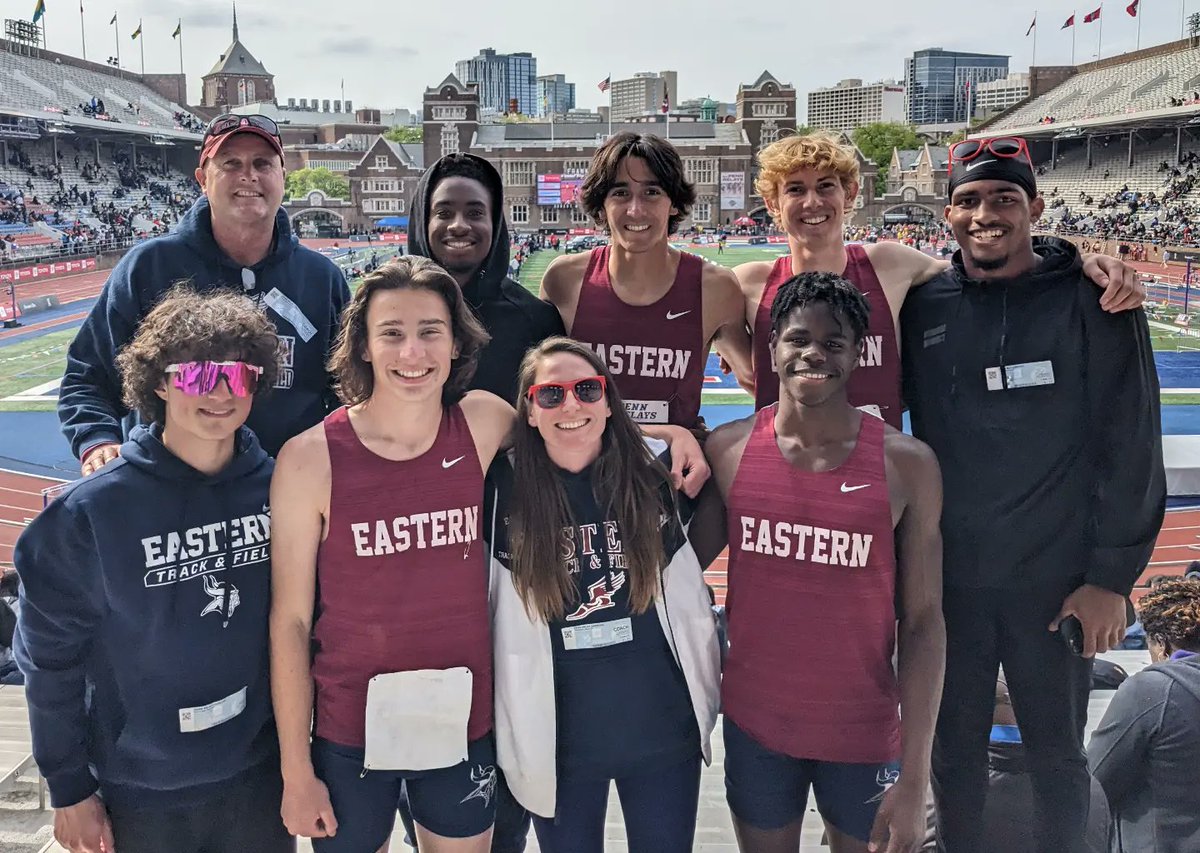 eastern_track's tweet photo. Had a great day. The 4x4 of Landon, Owen, Carlos, and Rajahn ran a season best time of 3:31.14 to take 4th in SJ large schools. Landon ran a gutsy first leg and finished after getting pushed down and Rajahn ran a monster anchor leg (47.70) @easternviking @pennrelays https://t.co/gDb1Fw7P6C