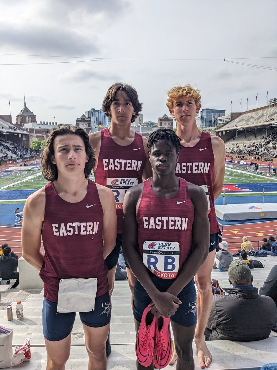 eastern_track's tweet photo. Had a great day. The 4x4 of Landon, Owen, Carlos, and Rajahn ran a season best time of 3:31.14 to take 4th in SJ large schools. Landon ran a gutsy first leg and finished after getting pushed down and Rajahn ran a monster anchor leg (47.70) @easternviking @pennrelays https://t.co/gDb1Fw7P6C