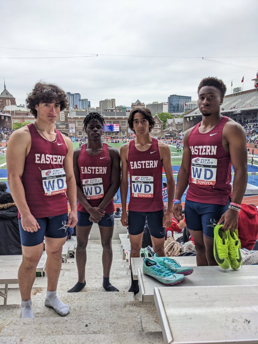 eastern_track's tweet photo. Had a great day. The 4x4 of Landon, Owen, Carlos, and Rajahn ran a season best time of 3:31.14 to take 4th in SJ large schools. Landon ran a gutsy first leg and finished after getting pushed down and Rajahn ran a monster anchor leg (47.70) @easternviking @pennrelays https://t.co/gDb1Fw7P6C