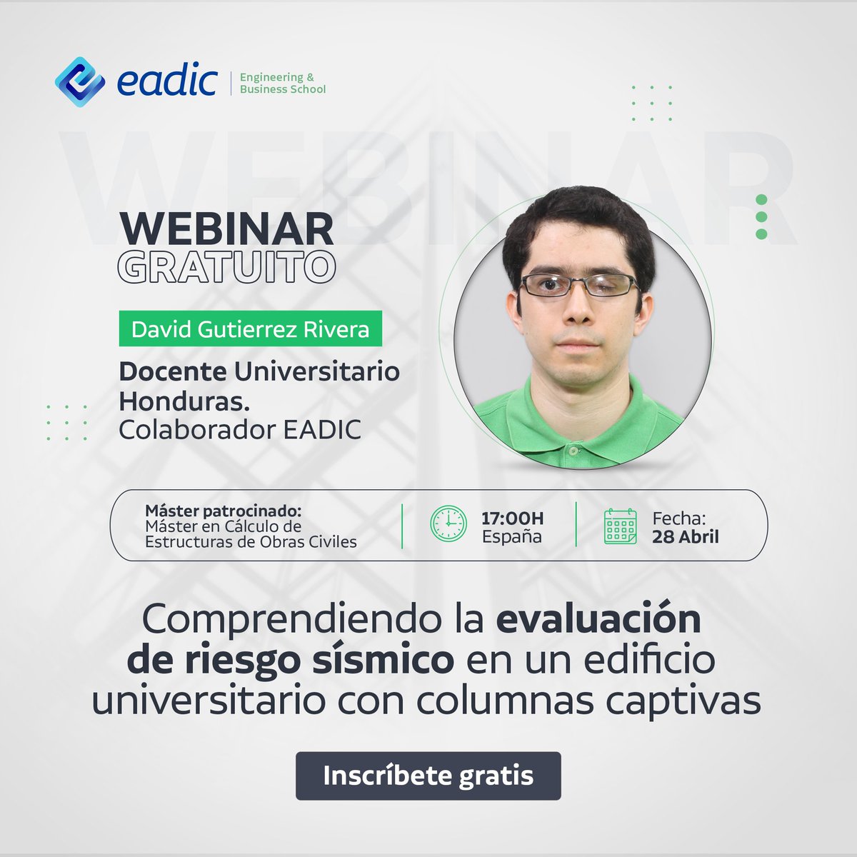 KINEDRIK's tweet photo. ¡Aprende de la mano de nuestro experto la evaluación del riesgo sísmico de un edificio universitario con vulnerabilidad de Columnas Captivas! Inscríbete gratis 👉 https://t.co/Y1KRNyMOeg

#EADIC #webinar #ingenieria #ingenieriaestructural  #ColumnaCaptiva #ModeladoEstructural https://t.co/eUF0UehEdb