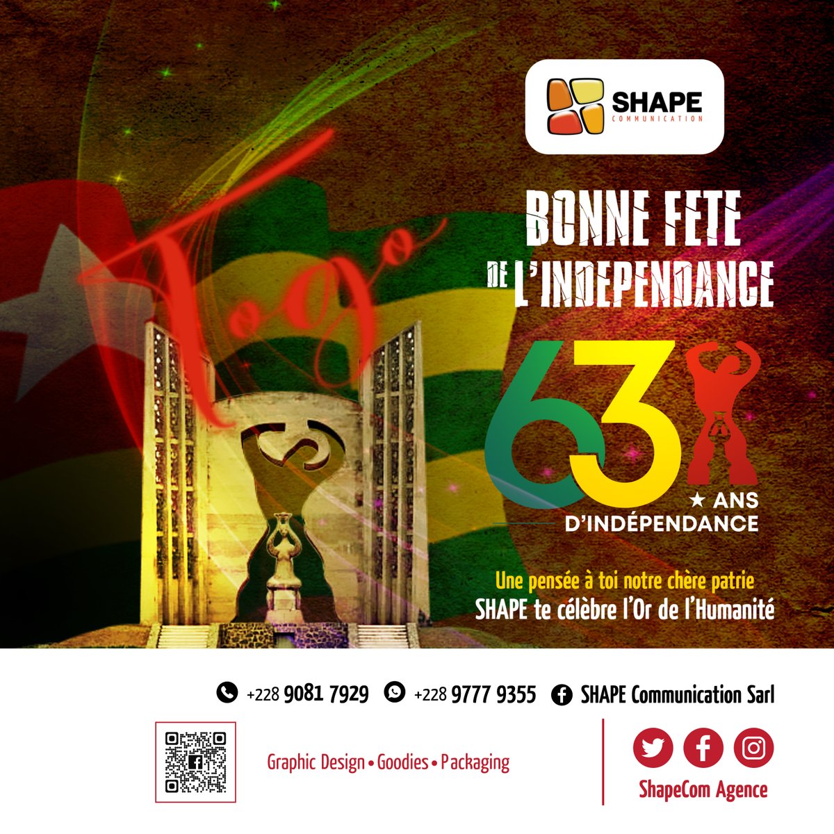 GadgeeAlonzo's tweet photo. Hello la famille togolaise🇹🇬,
Aujourd'hui est un jour spécial dans l'histoire de notre chère patrie, le jour où nous avons reçu notre indépendance.
Le TOGO a donc 63ans ce jour, et c'est l'occasion pour SHAPE de l'honorer de façon particulière
#Togo #FeteDeLindependance #63ans https://t.co/jlsoQFPtzR