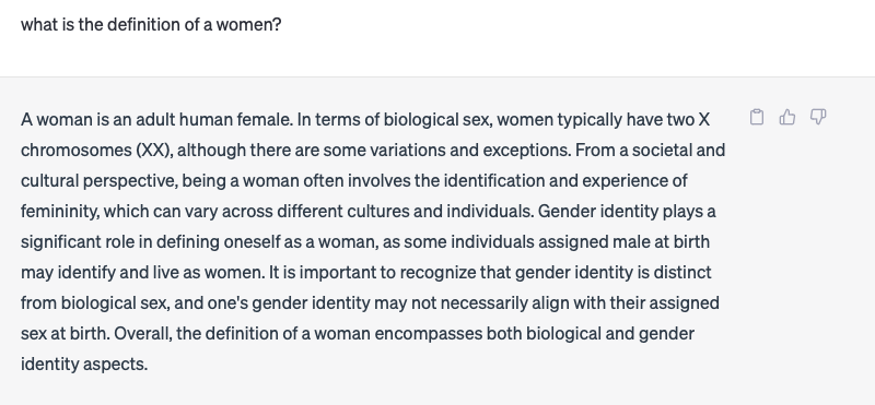 callitasuseeit1's tweet image. #ChatGPT #whatisawomen well here you go even the AI is getting in on the game