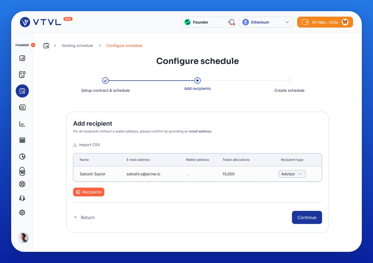 vtvlco's tweet photo. Collecting recipient wallets for vesting can be a struggle. So we asked our devs to do something, and they came up with a solution...

Introducing: Automated Wallet Collection - give us their email, and we'll handle the rest ✉️ https://t.co/195zQK40o9