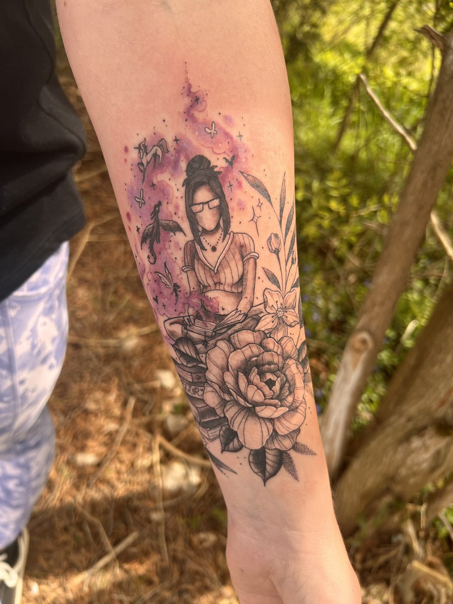 Got my first big tattoo today and I couldn’t be more happier with it. I had no intention of getting the color but when I talked to the tattoo artist about my love for books she suggested to add color and I love it. It’s the perfect reminder of what books have meant to me!