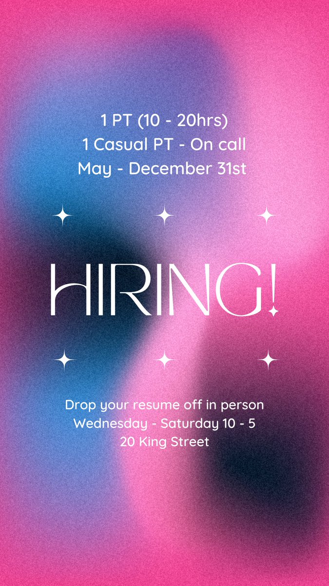 Tourist Season is almost here. We are HIRING! Looking for:
1 PT (10 - 20hrs) &amp; 1 Casual PT (on call) with 11/10 customer service skills. Someone who TRULY loves interacting on the sales floor &amp; making everyone feel incredible. Day &amp; wknd availability. Drop by 20 King!