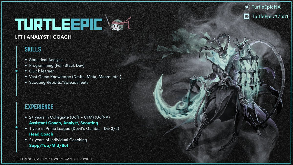 LFT || Analyst and Assistant Coach

I am looking for opportunities as an Analyst/Assistant Coach within LCS/NACL/NACLOQ or ERLs.

Sample work, Tools, References can be provided in DMs on Twitter/Discord.
Twitter: <a href="/TurtleEpicNA/">Turtle</a> 
Discord: TurtleEpic#7581

Likes + RTs appreciated.