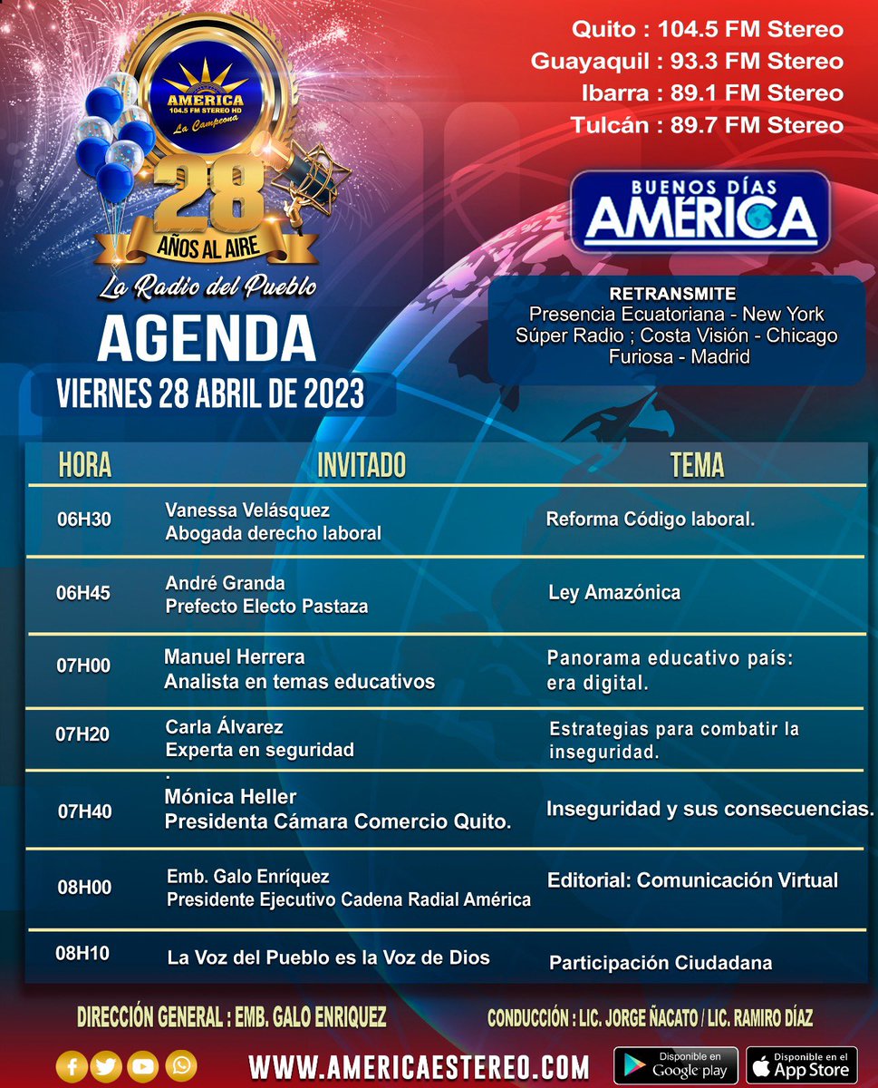 radioamericaof_'s tweet photo. [AGENDA] Mañana
 🔴 Noticias de actualidad #nacional e #internacional en #BuenosDíasAmérica. 
🔻
@vvelasquezbaez
@dregranda
#ManuelHerrera 
#CarlaÁlvarez
@mheller_ec
@lacamaradequito
🔻
@RamiroDiaz64 
@GaloWEnriquez1 
@OnaJorge https://t.co/wOv02ldD8y