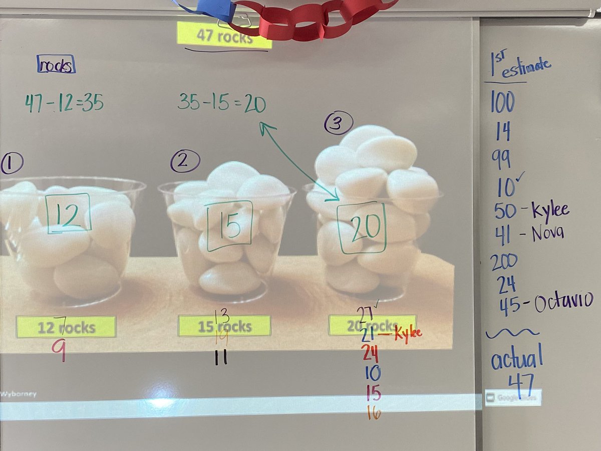 3 container estimation in first grade today. Fun to watch Ss go from unreasonable estimates to reasonable with questioning and reasoning #SwDcandoanything @SteveWyborney @MrJames_MH @GauthierKaren1 @BerkeleyEverett @suzannehuerta @ErikaWiles