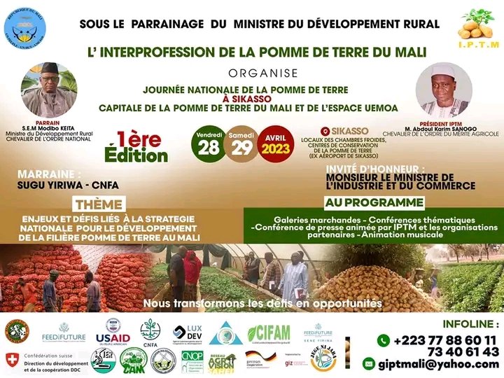 msanogo507's tweet photo. JOURNÉE NATIONALE DE LA POMME DE TERRE

Votre Réseau #AgriVisionSahel (#AVS) participera à la journée nationale de la pomme de terre du 28 au 29 Avril 2023 à Sikasso.
#Iptm #Sikasso #journenationaedelapommedeteterre
#Agrivisionsahel https://t.co/oicQgKPEcP