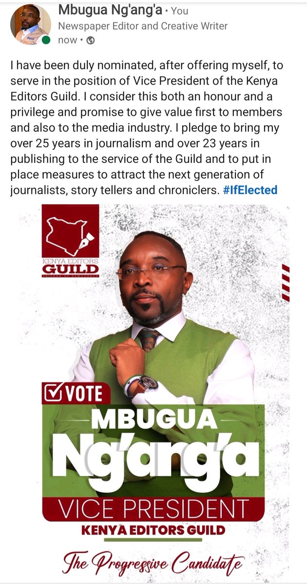 Sometimes I wonder if I have met myself. Anyway, I am seeking the position of Vice President of Kenya Editors Guild. I know I can change the media landscape in Kenya. If you know Editors who are bona fide members of <a href="/KenyaEditors/">Kenya Editors’ Guild</a> ask them who is their candidate for Vice President