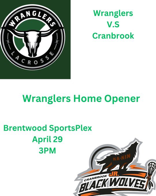 It’s Show time! Season opener and Home Opener this Saturday at 3pm. Brentwood Sportsplex. Vs Cranbrook. Be there to support your Wranglers! <a href="/HornetsLax1/">Hornets Lacrosse</a> <a href="/RMLaxL/">RMLL</a>