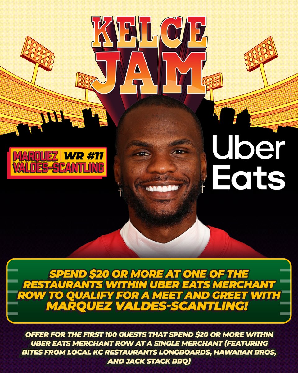 KelceJam's tweet photo. 🚨🍔Hungry for a chance to meet Chiefs Wide Receiver Marquez Valdes-Scantling? Satisfy your cravings and spend $20 or more at any of the three restaurants within @UberEats Merchant Row to qualify for a meet and greet with MVS himself! Offer valid for the first 100 guests! https://t.co/Behc2fAhJ6