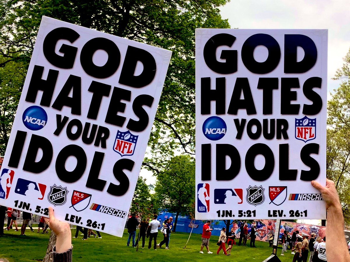 WBCTrumpet's tweet photo. That was fun! These #WBCSigns were seen by thousands in an endless stream of foot traffic at #NFLDraft in #KCMO today. Good times! America has made an idol of sports and athletes. Way more attention to that than God and His Holy Word. #DoBetter #NoIdols #ObeyGod #MournForSin https://t.co/Q1RUtXWQT1