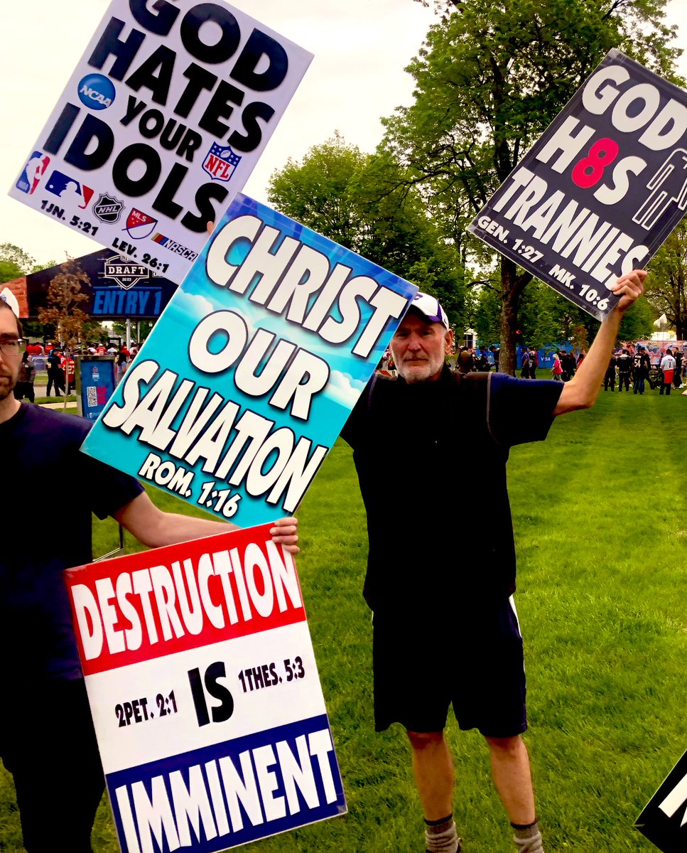 WBCTrumpet's tweet photo. That was fun! These #WBCSigns were seen by thousands in an endless stream of foot traffic at #NFLDraft in #KCMO today. Good times! America has made an idol of sports and athletes. Way more attention to that than God and His Holy Word. #DoBetter #NoIdols #ObeyGod #MournForSin https://t.co/Q1RUtXWQT1