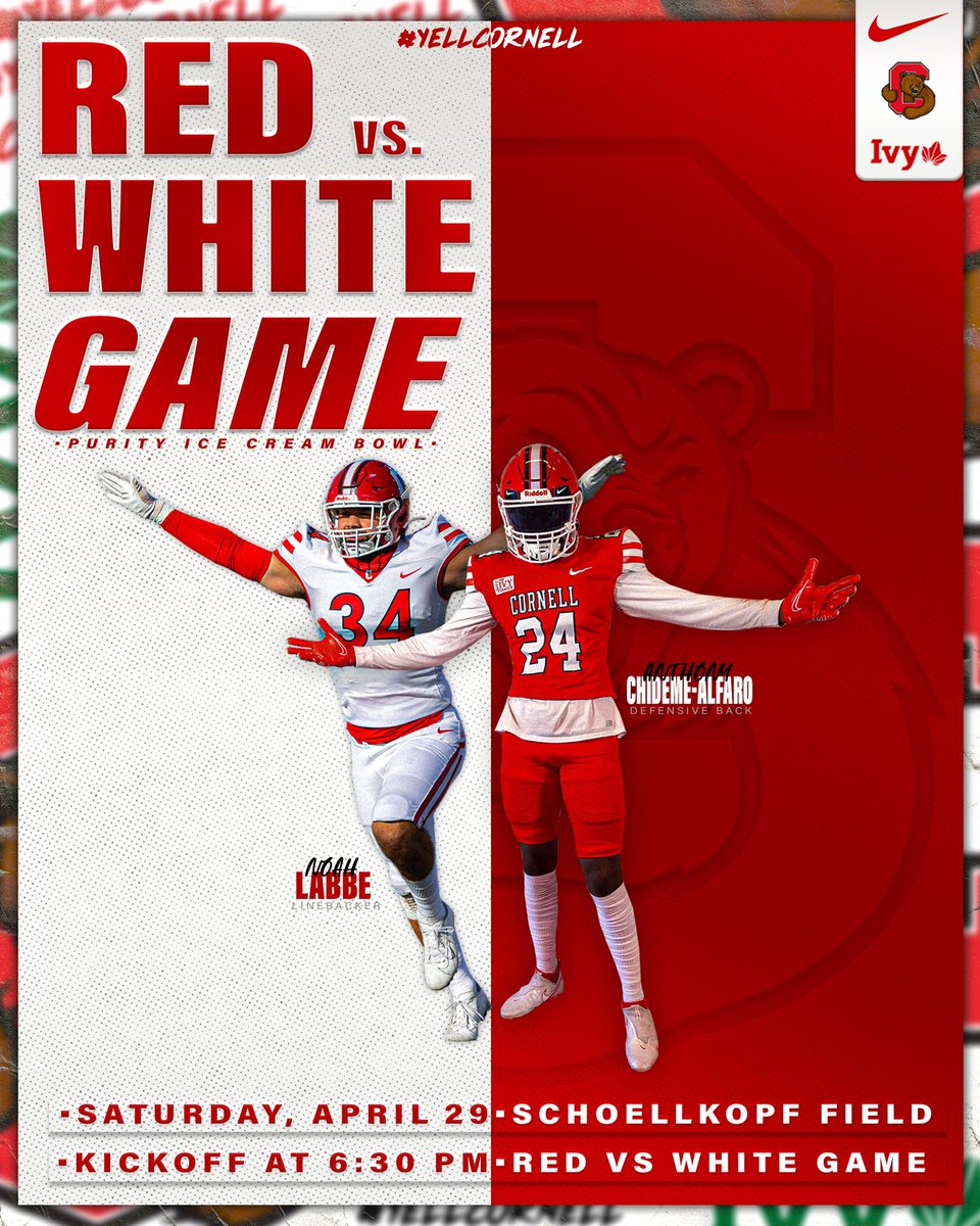 RED VS. WHITE 🔴⚪️

🏟: Schoellkopf Field
📆: Saturday, April 29
⏰: 6:30 p.m. 

#YellCornell 🐻🌿