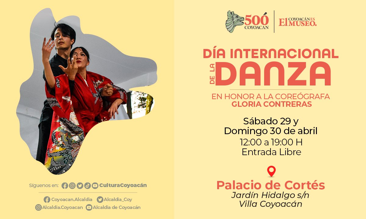culturacoyoacan's tweet photo. El festejo por el #DíaInternacionalDeLaDanza inicia este sábado, no te pierdas de las presentaciones de danza que hay para ti en ¡3 sedes diferentes!

Palacio de Cortés
Casa de Cultura "Jesús Reyes Heroles"
Casa de Cultura "Ricardo Flores Magón"

Consulta los detalles aquí 👇 https://t.co/jzrpBnQtOR
