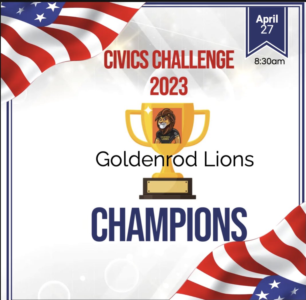 LionsGoldenrod's tweet photo. We are so very proud of our 7th grade students who won the Civics Challenge today!! It’s a great day to be a LION! #growwithgold #builditforward #CSUSAproud https://t.co/kopxuNLODp