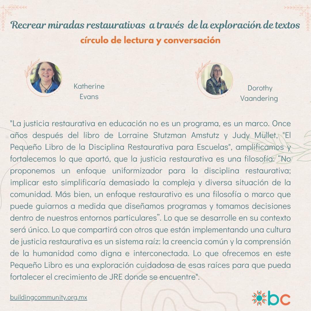 BuildingCommun's tweet photo. Concluiremos nuestro círculo de lectura y conversación con “El pequeño libro de la justicia restaurativa en educación”, de K. Evans y D. Vaandering. Gracias a quienes exploraron estas miradas restaurativas con sus ideas, reflexiones, preguntas y experiencias. 🙏#buildingcommunity https://t.co/pVC22dww2P