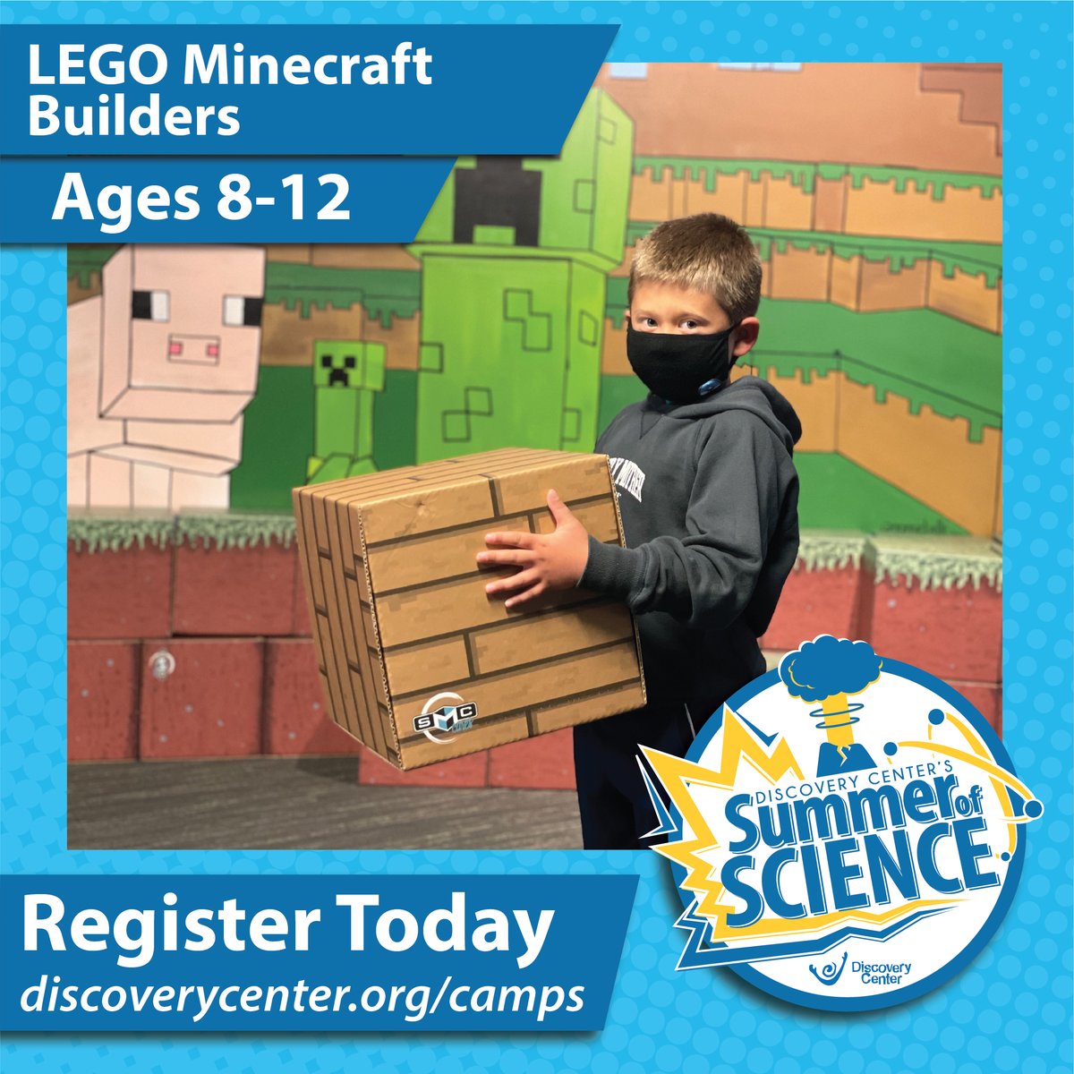 DiscoveryCenter's tweet photo. Explore the world of LEGO at LEGO Minecraft Builders (July 3, 5-7 or August 7-11)! Campers will build inside the Discovery Center’s life-size Minecraft Room and engage in Minecraft Education program learning. Register today at https://t.co/qDBHhGx2UK https://t.co/zw5aGlctH5