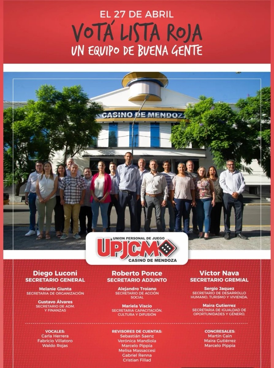 En el <a href="/CasinodeMendoza/">Casino de Mendoza</a> gran triunfo de la lista ROJA.
Diego Luconi es el nuevo Secretario General.
16 años la Agrupación ROJA al frente de la lucha por los derechos de los Trabajadorxs.