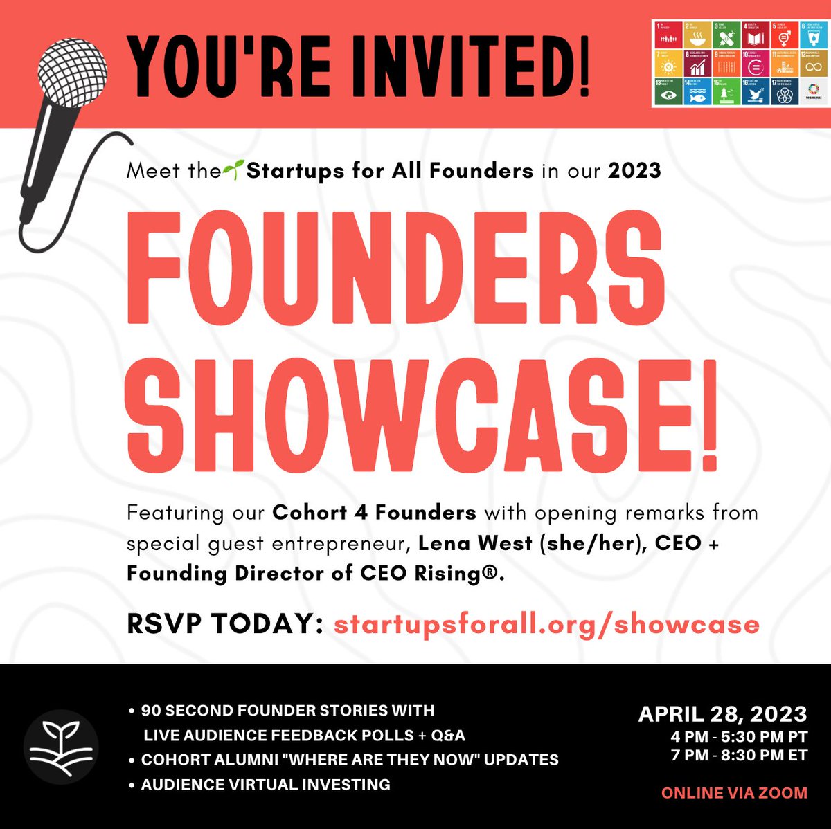 🎉 < 24 hrs! Join us in SfA's annual #FoundersShowcase to celebrate our Cohort 4 Founder Stories w/visual scribing by Ashanti Gardner + opening remarks from <a href="/lenawest/">Lena L. West</a>  (she/her), CEO + Founding Director of CEO Rising! Facilitated by <a href="/SusanLiao2030/">Susan Liao (she/her), 🐶🍜🌱 Startups for All</a>.  RSVP: bit.ly/cohort4-showca…