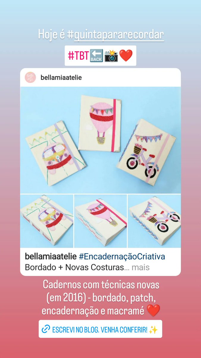 BellaMiaAtelie's tweet photo. Hoje é #quintapararecordar 
#TBT 🔙📸❤️

Lembrando desses Cadernos produzidos em 2016. 📔

Usei #bordado, #patchaplique, novas #encadernaçõesmanuaisartísticas e #macramê
 
Foram técnicas q/ tinha acabado de aprender na EDUK. A proposta do curso era explorar a criatividade. https://t.co/xZpIXJX1x4