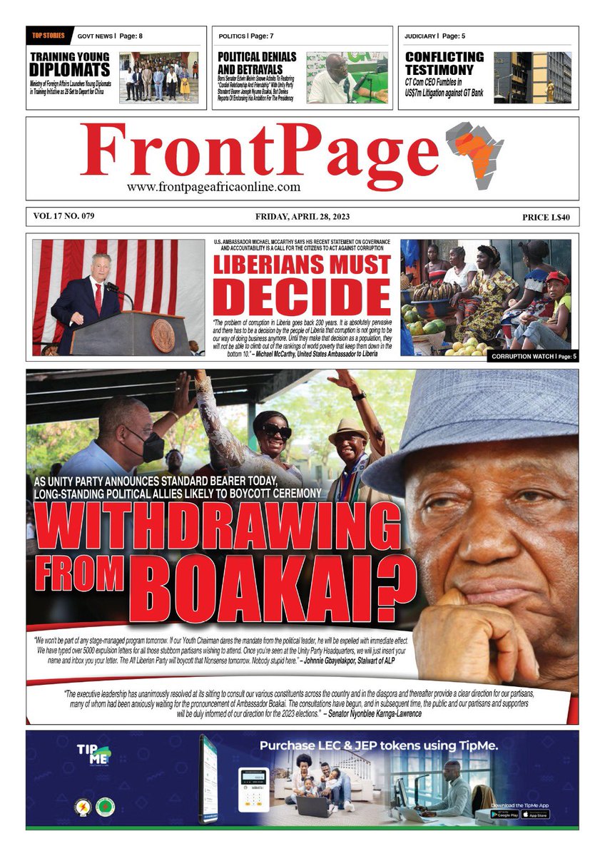 FPAfrica's tweet photo. EARLY EDITION: FrontPageAfrica’s Print Edition Cover for Friday, April 28, 2023. https://t.co/Dte3iXIrhn