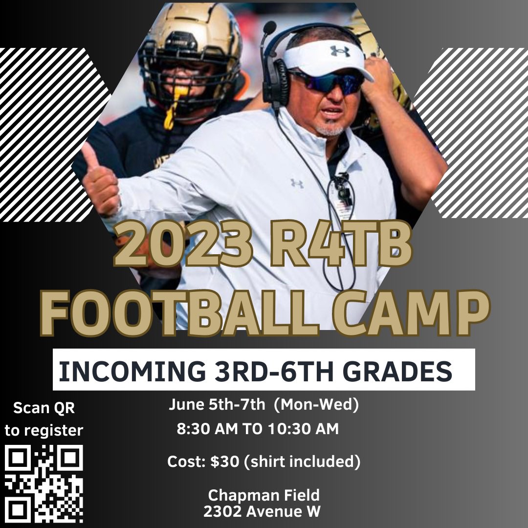 Save the date for the 2nd annual <a href="/CoachRod91/">Juan Rodriguez</a> R4TB Football Camp! Please share the flyer and scan QR code to register! #Ride4TheBrand <a href="/LubbockHSSports/">Lubbock HS Athletics</a> @ernie_gonzales2 <a href="/Coachsemler/">Hank Semler</a> <a href="/EmilioG_3/">Emilio Garcia</a> <a href="/CaptainMilty/">Coach Gilchrest 🌵</a> @Anthony86326451