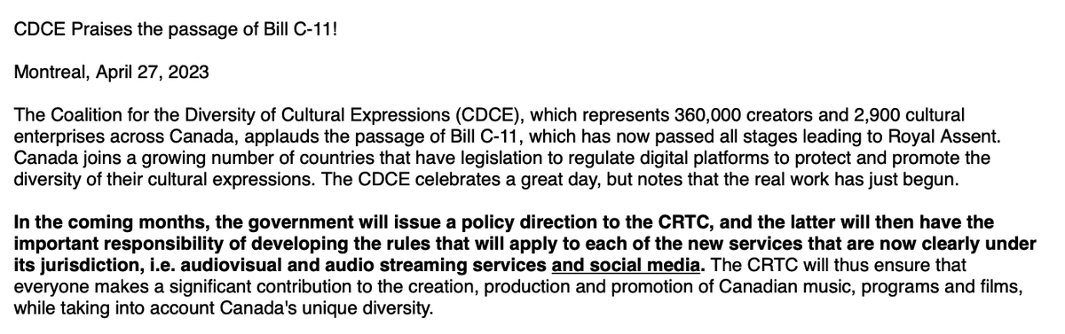 mgeist's tweet photo. That didn’t take long: Canadian cultural group’s release on Bill C-11 already calls on the CRTC to establish rules on social media. This is the bill @pablorodriguez built with lobby groups ready to demand user content regulation supported by the plain language in the bill. https://t.co/sxPU6axY5N